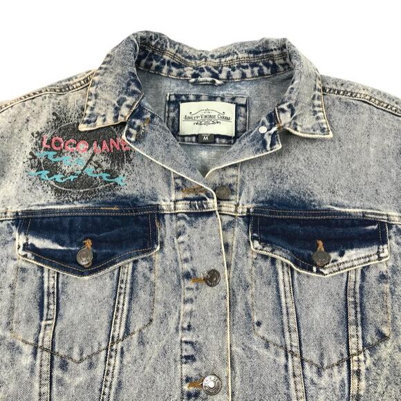 ASHLEY VINTAGE CHARM Trucker Painted Denim Jacket Sz M Acid Wash Cowgirl Biker - Picture 4 of 13